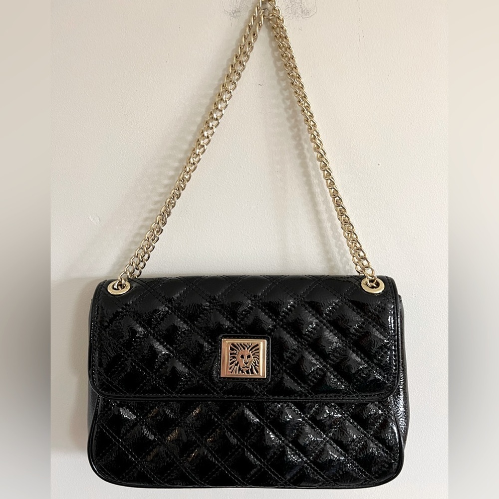 Anne Klein Black Quilted Patent Shoulder Bag with Gold Chain